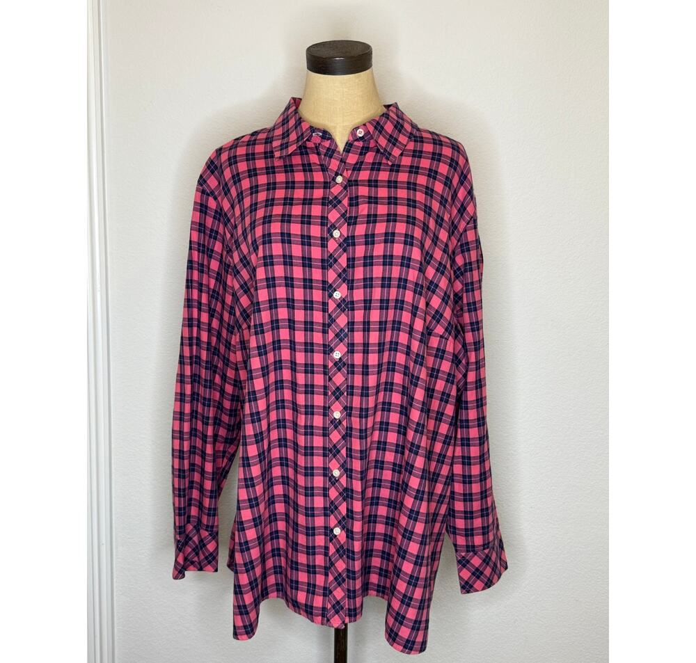 Talbots Long Sleeve Loose Fit Button Up Shirt Top Pink Navy Women XL